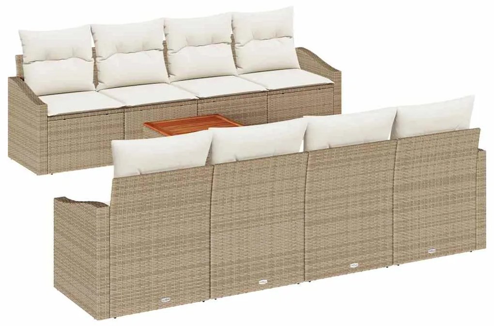 Sofá de Jardim de 9 Peças com Almofadas Beges em Rattan Sintético e Ma