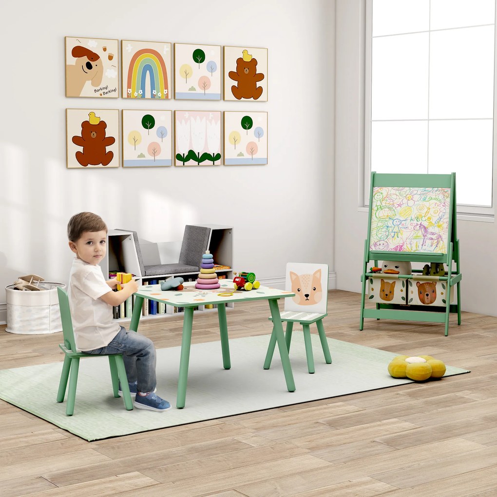 Conjunto para Crianças Inclui 1 Mesa com 2 Cadeiras Infantis e 1 Cavalete 3 em 1 com Cestos de Armazenamento Desenho de Animais Verde