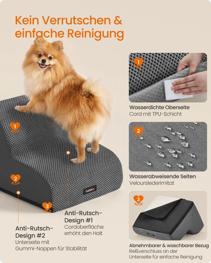 Escada para cães com 2 degraus 40 x 40 x 30 cm  impermeáveis e antiderrapantes e inclinação suave cinzento ardósia