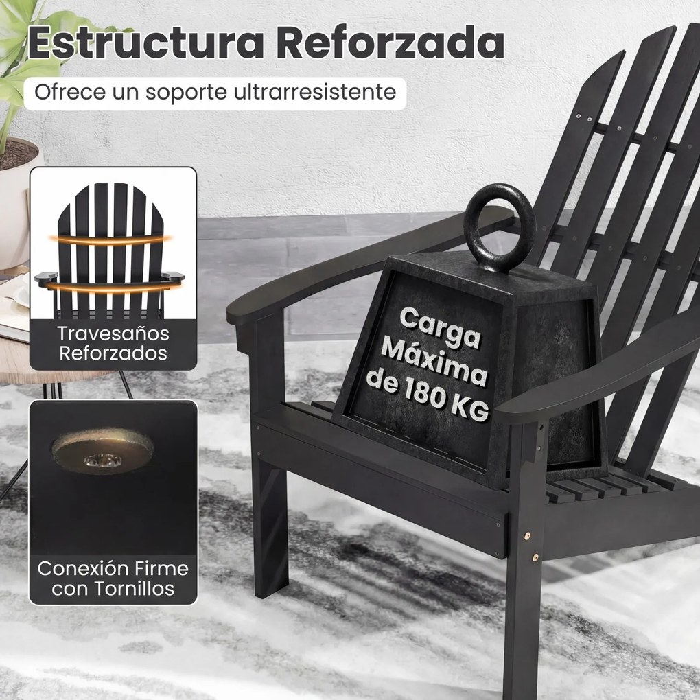 Conjunto de 2 Cadeiras Adirondack (MESA NÃO INCLUIDA), 93 x 66 x 86 cm, Madeira Maciça de Acácia, Preto