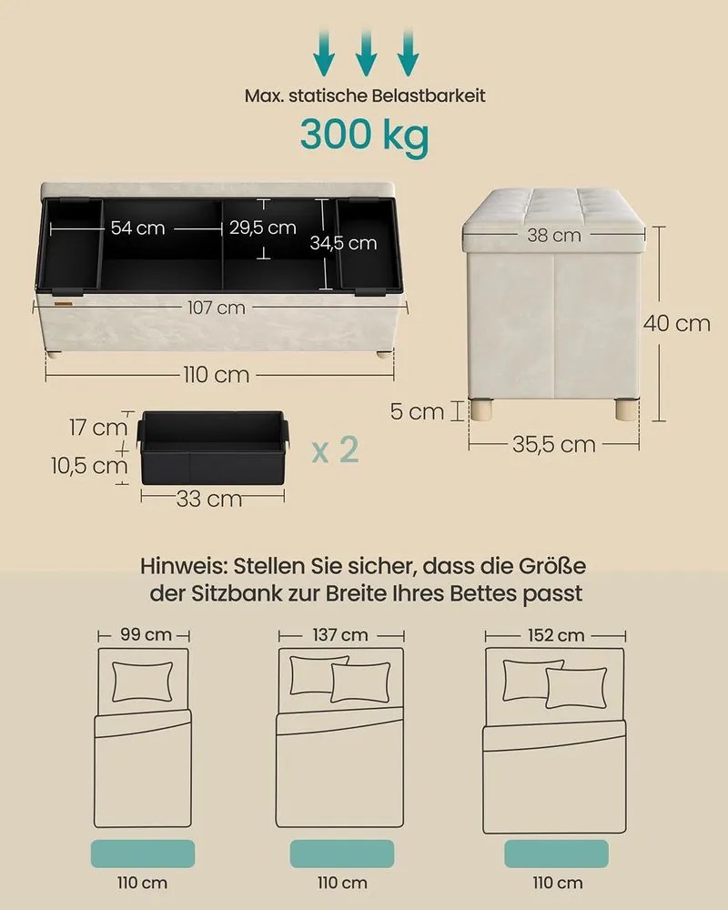 Banco com espaço de arrumação 38 x 110 x 40 cm bege