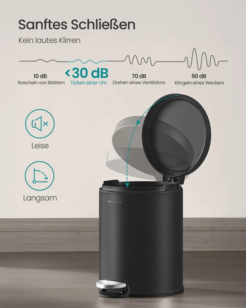 Caixote lixo Casa de banho 26 x 20,5 x 28 cm com 6 litros de capacidade e tampa com fecho suave para a casa de banho Preto