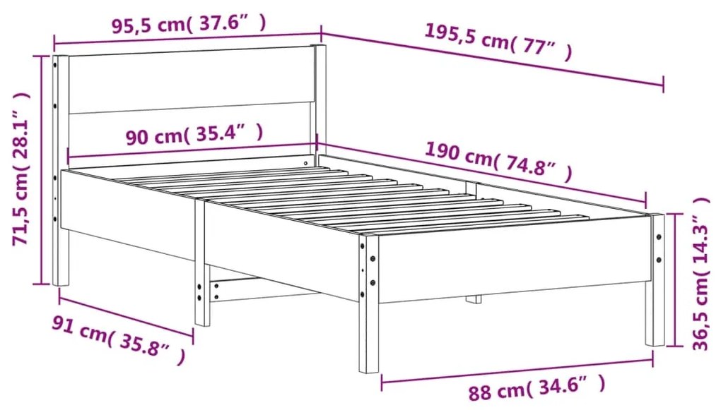 Estrutura cama c/ cabeceira 90x190 cm pinho maciço castanho-mel