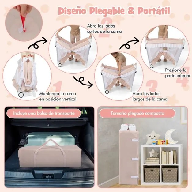 Berço de viagem dobrável para bebés de 0 a 36 meses com toldo Trocador Brinquedo Rodas com travões Saco de transporte Rosa claro