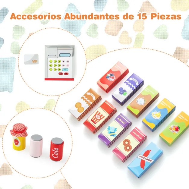Supermercado de madeira para crianças com caixa registadora e máquina de venda automática POS para crianças dos 3 aos 8 anos de idade Cinzento