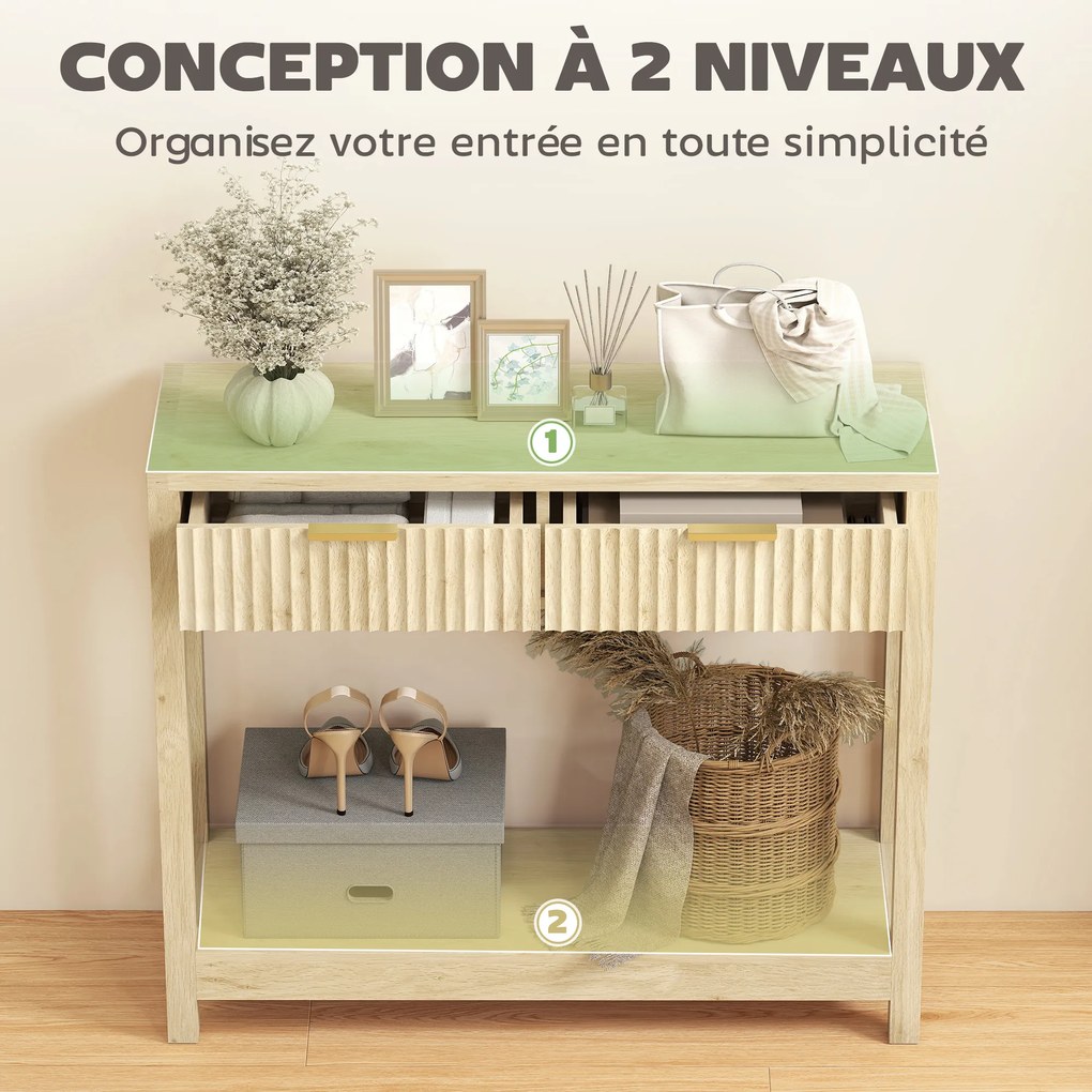 Mesa Consola de entrada de 90 cm, mesa de entrada estreita com 2 gavetas com ranhuras e prateleira, estilo moderno, madeira natural