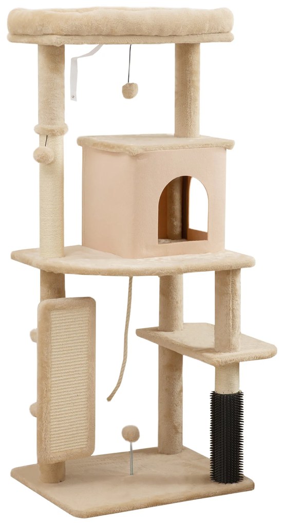 PawHut Arranhador para Gatos Grande Altura 132 cm com Plataformas Postes com Escova Bolas Suspensas e Almofadas para Arranhar Bege