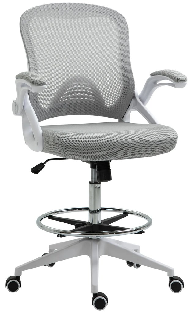 Vinsetto Cadeira de Escritório Assento Alto Ajustável Repousa Pés Braços Rebatíveis Giratória 360° Tela 64x60x106-126 cm Cinza Branco | Aosom Portugal