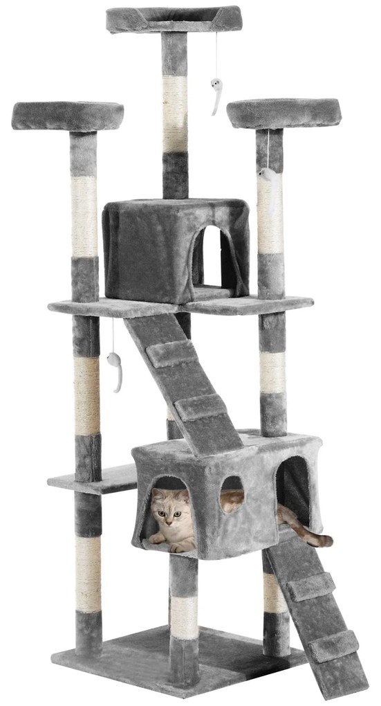 PawHut Árvore Arranhador para Gatos Grande 50x50x170cm com Múltiplos Níveis Cavernas Brinquedos Suspensos Cinza