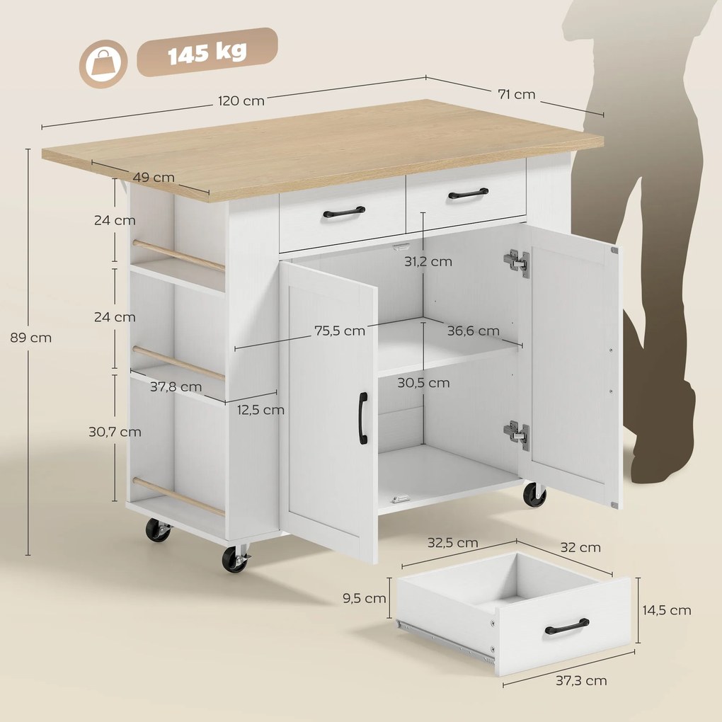 Carrinho de cozinha com Rodas, Ilha de cozinha 120 x 71 x 89 cm com estação de carregamento, e bancada rebatível, 2 gavetas, branco