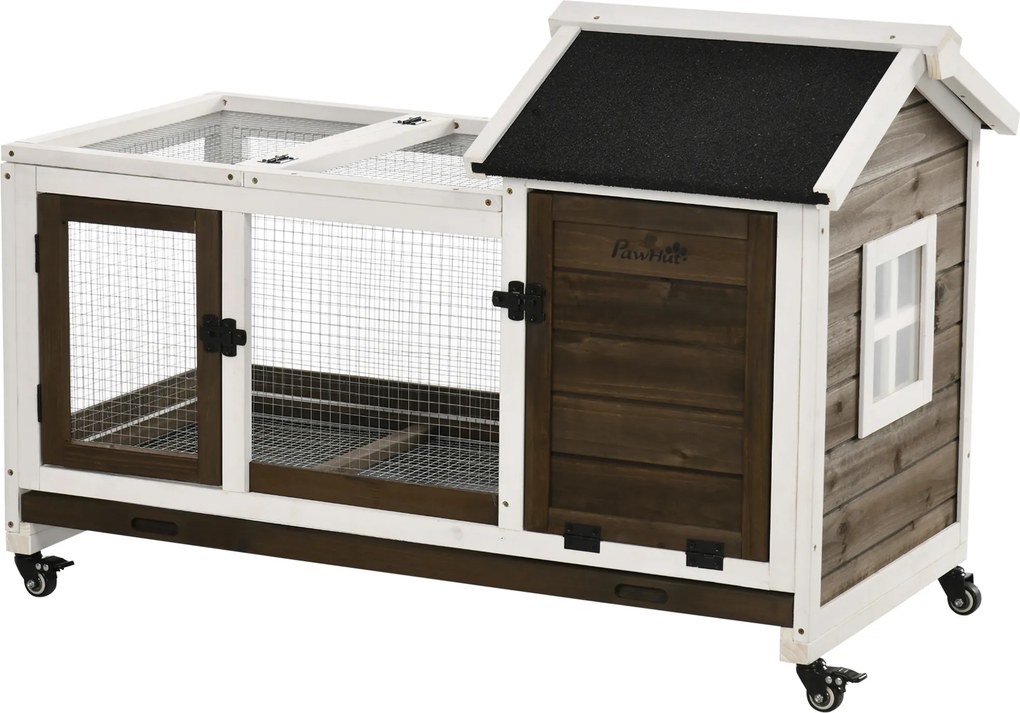 PawHut Coelheira de Madeira com Rodas para 1-2 Coelhos com Teto Abatível Bandeja Amovível 108x58x73,5cm Marrom Café e Branco | Aosom Portugal