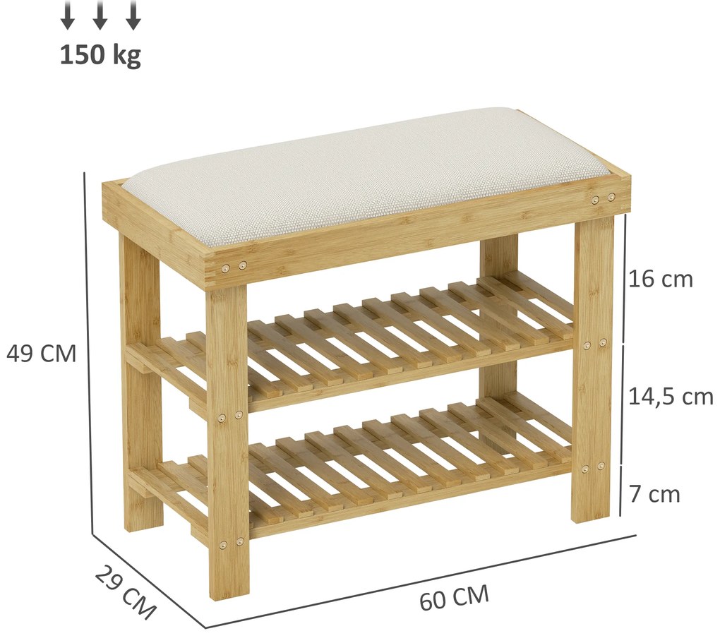 Banco Sapateira de Bambu Sapateira com Assento Almofadado 2 Prateleiras para 6 Pares de Sapatos 60x29x49 cm Madeira e Creme