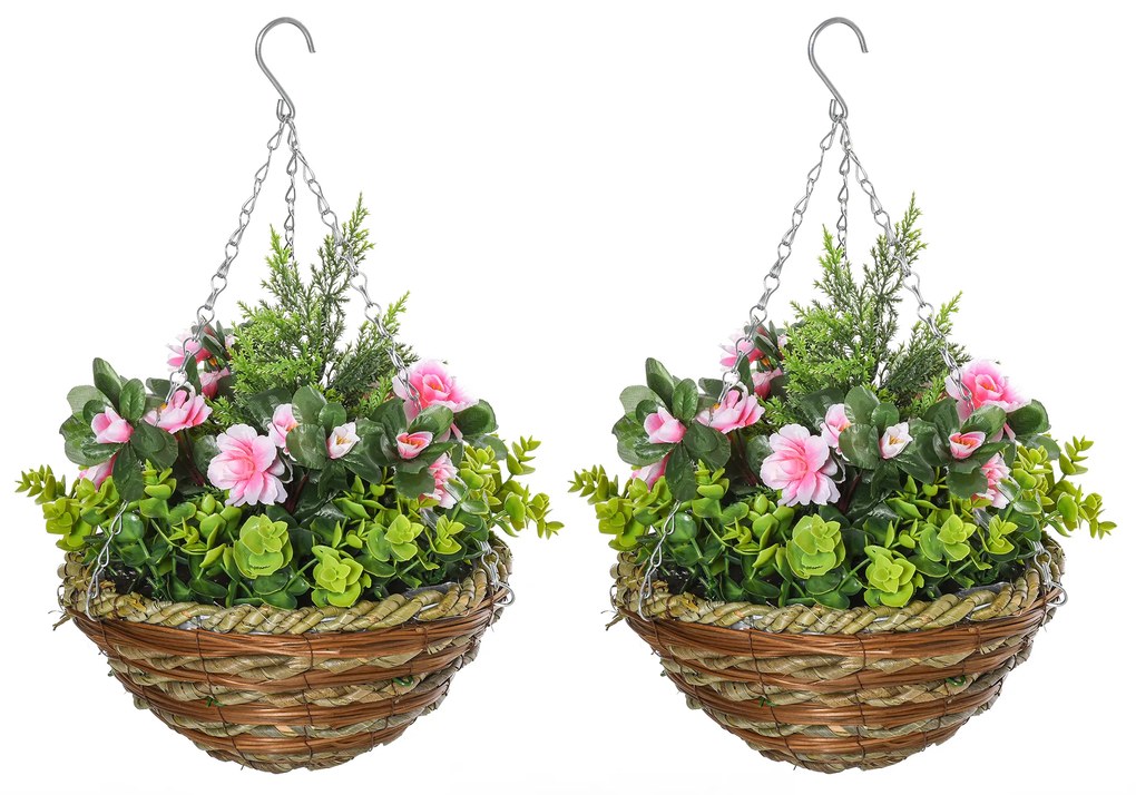 Outsunny Conjunto de 2 Plantas Lisianthus Suspensas Artificiais para Interior e Exterior com Vaso e Vime e Correia Ø25x34 cm Rosa e Verde