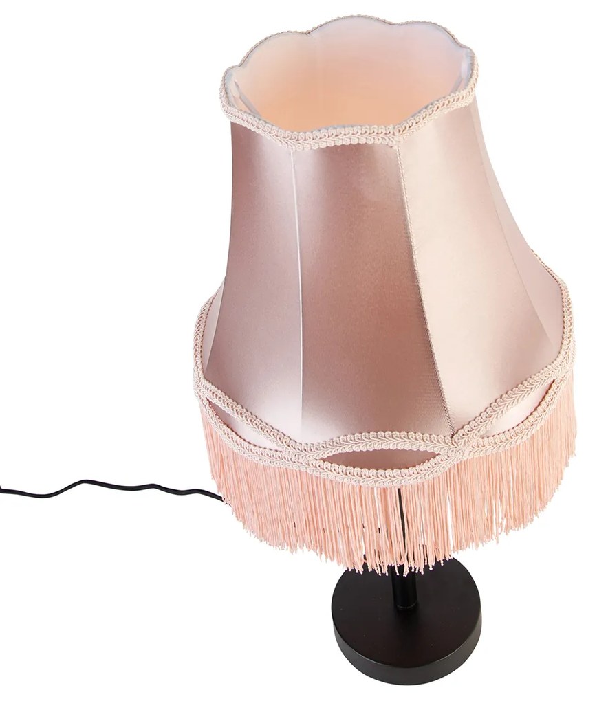 Candeeiro de Mesa Clássico Preto com Abajur Granny Rosa 30 cm - Simplo Clássico / Antigo