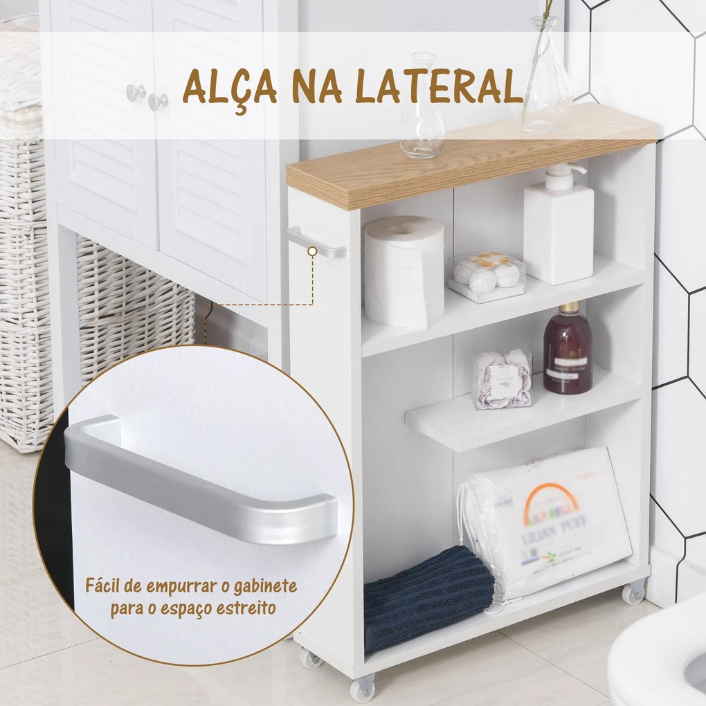 Kleankin Gabinete de banheiro auxiliar Carrinho de armazenamento de 3 prateleiras com rodas e alça lateral 50x13x67,5 cm Branco