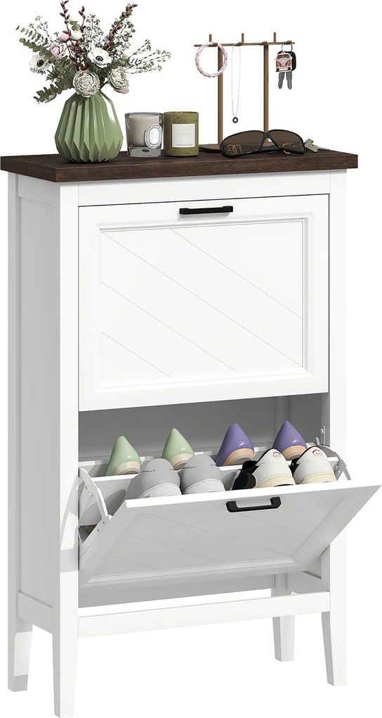 HOMCOM Sapateira Country com 2 Gavetas Basculantes, Prateleiras Ajustáveis, Design Branco. | Aosom Portugal