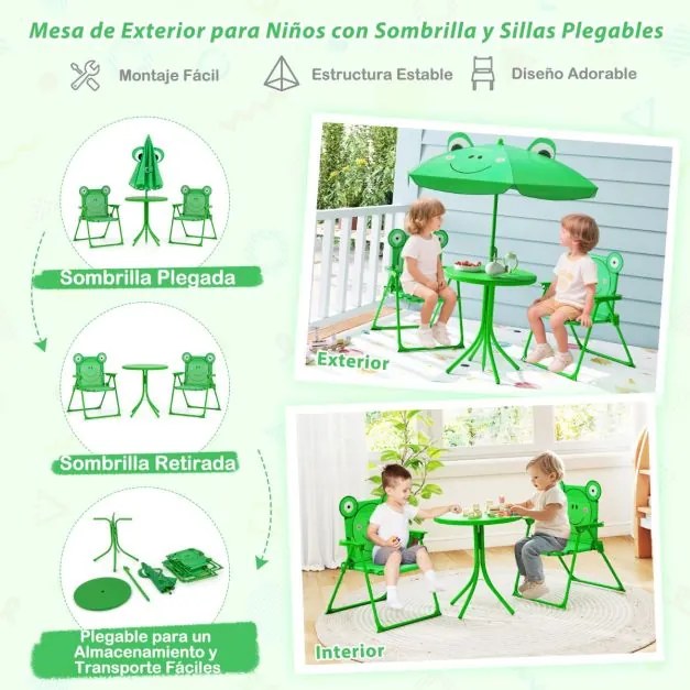 Conjunto de piquenique para Crianças 3-6 anos Mesa de atividades ao ar livre com 2 cadeiras dobráveis e guarda-sol ajustável em altura Verde