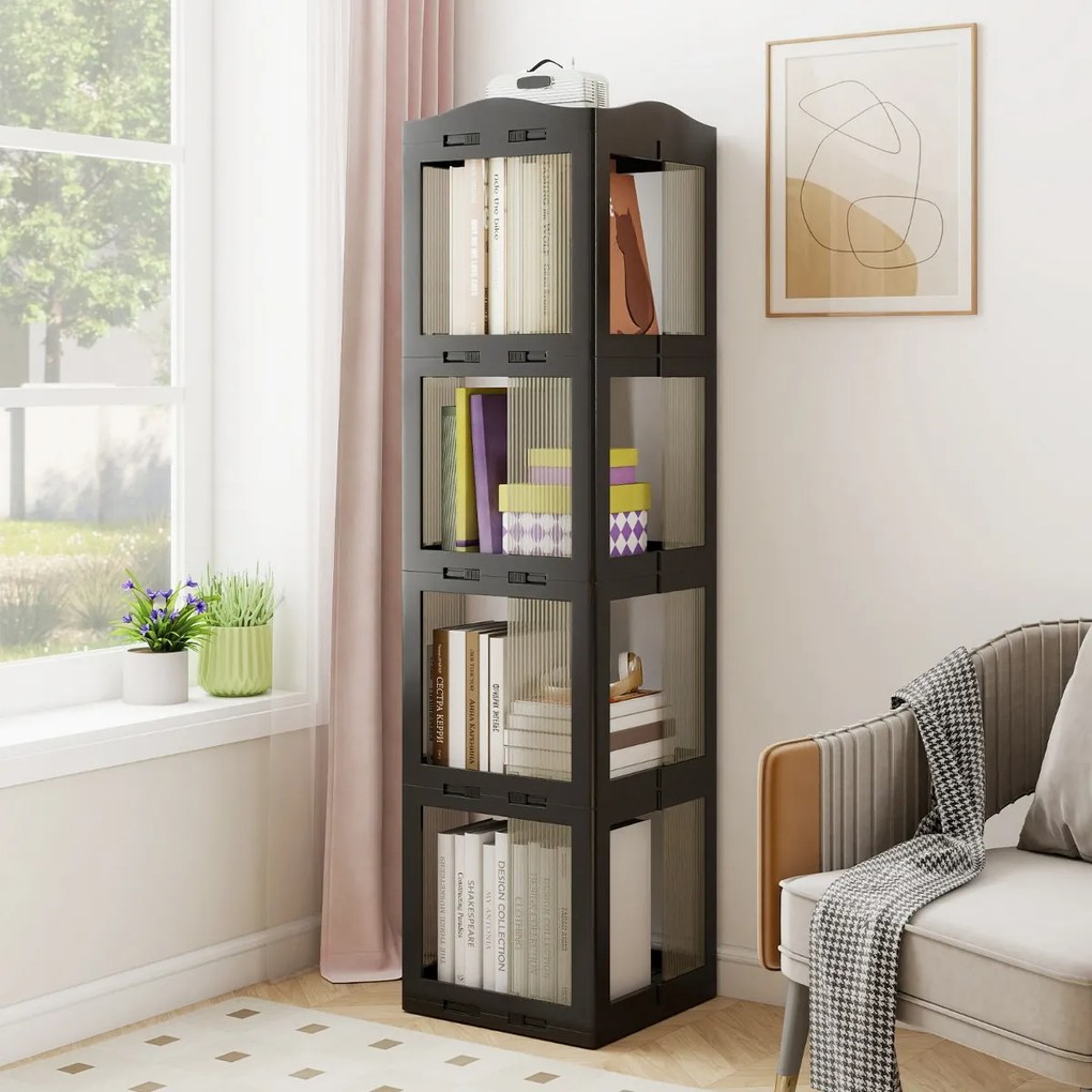 Estante com base giratória giratória 360° com 4 níveis em Plástico dobrável 36,5 x 36 x 141,5 cm com prateleiras Preta