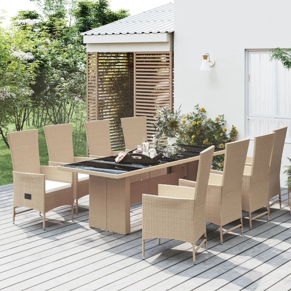 vidaXL 9 pcs conjunto de jantar p/ jardim com almofadões vime PE bege