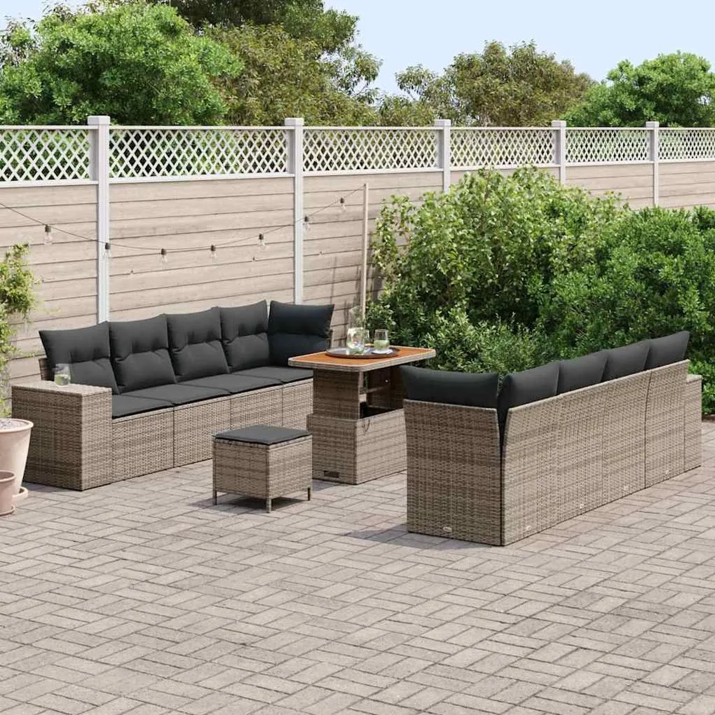 Conjunto de Sofá de Jardim de 11 Peças com Almofadas Cinza Rattan Poli