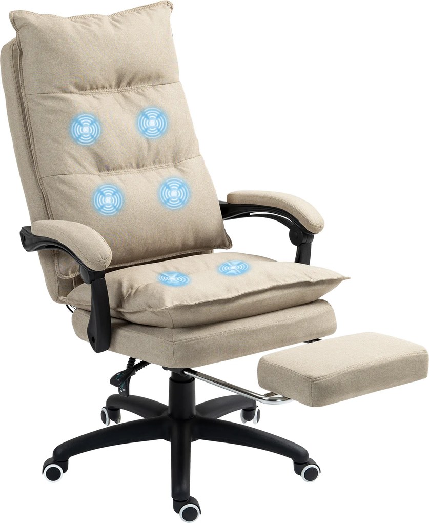 Cadeira de escritório com função de massagem, altura ajustável, encosto reclinável, apoio para os pés integrado e comando com fio, na cor bege