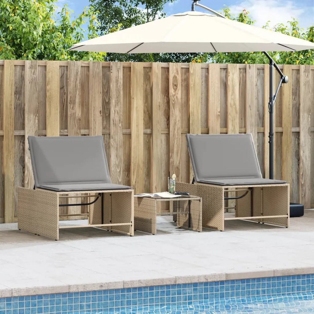 Espreguiçadeiras com mesa 2 pcs vime PE bege