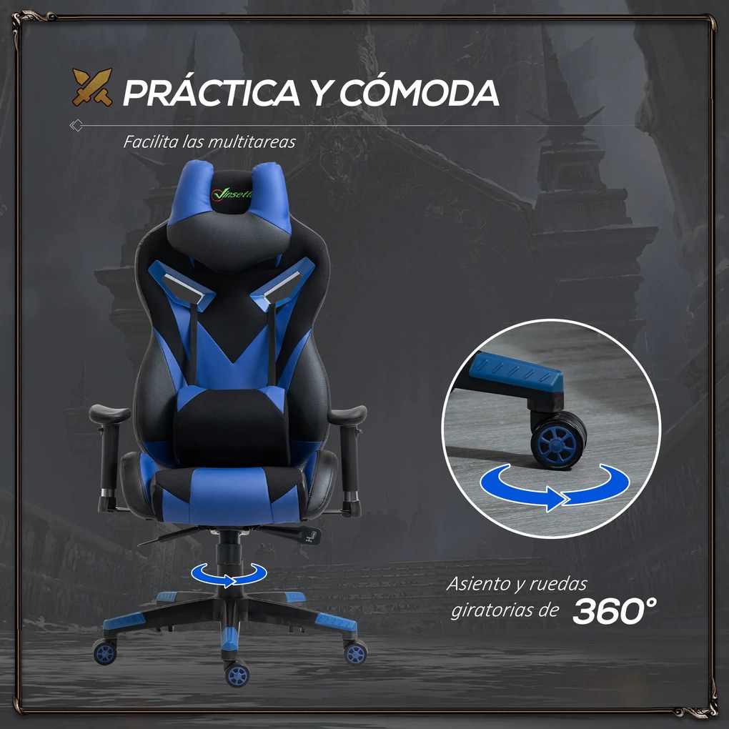 Vinsetto Cadeira de Gaming Ergonômica Cadeira Gamer Giratória com Altura Ajustável Apoio para o Braço Apoio para a Cabeça e Almofada Lombar Removíveis 72x77x127-13cm Azul