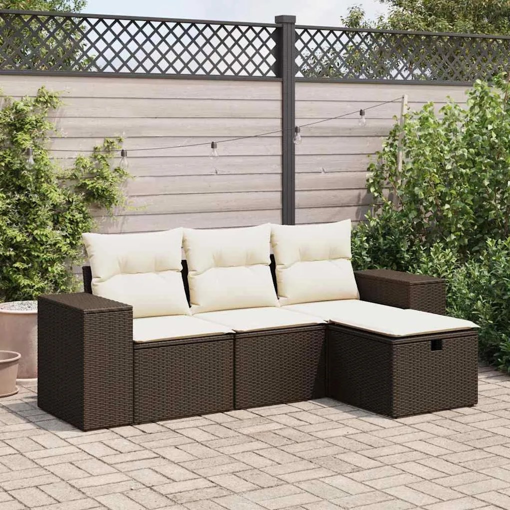 4 pcs conjunto sofás de jardim c/ almofadões vime PE castanho