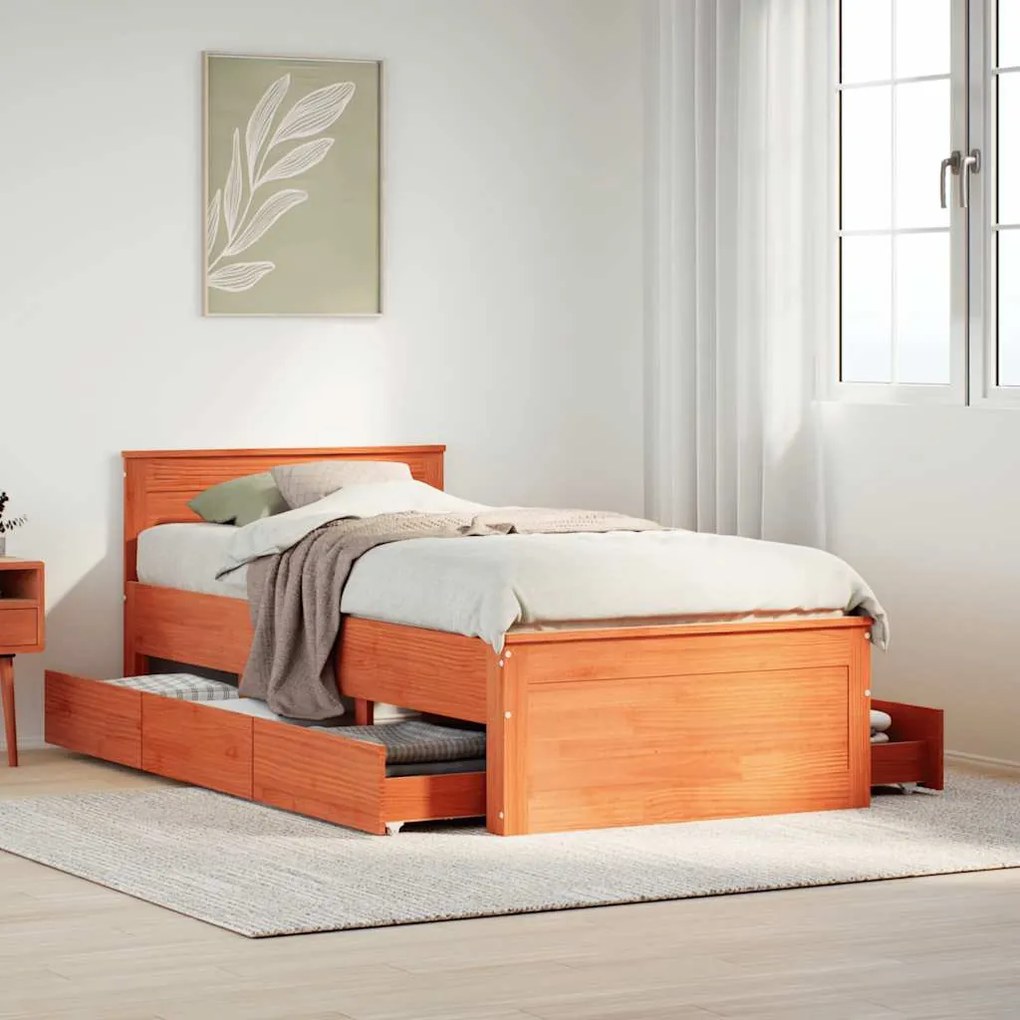 vidaXL Estrutura de cama s/ colchão e c/ cabeceira pinho castanho-mel