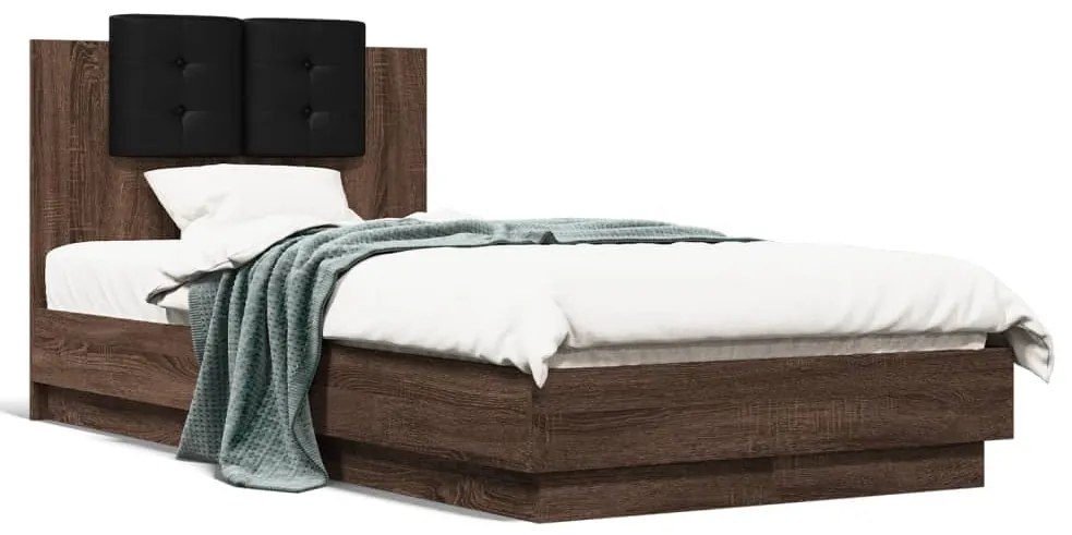 Estrutura cama cabeceira/luzes LED 75x190 cm carvalho castanho
