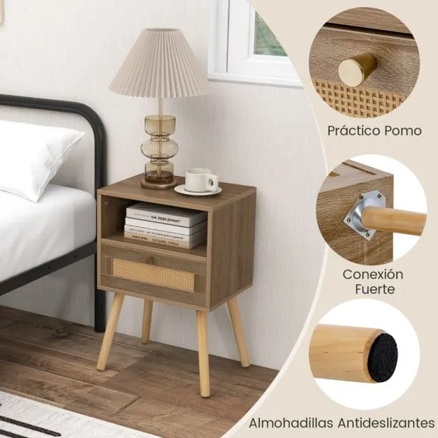 Mesa de cabeceira de rattan com gaveta multifuncional para sala de estar ou quarto 40 x 30 x 60,5 cm Natural e Castanha