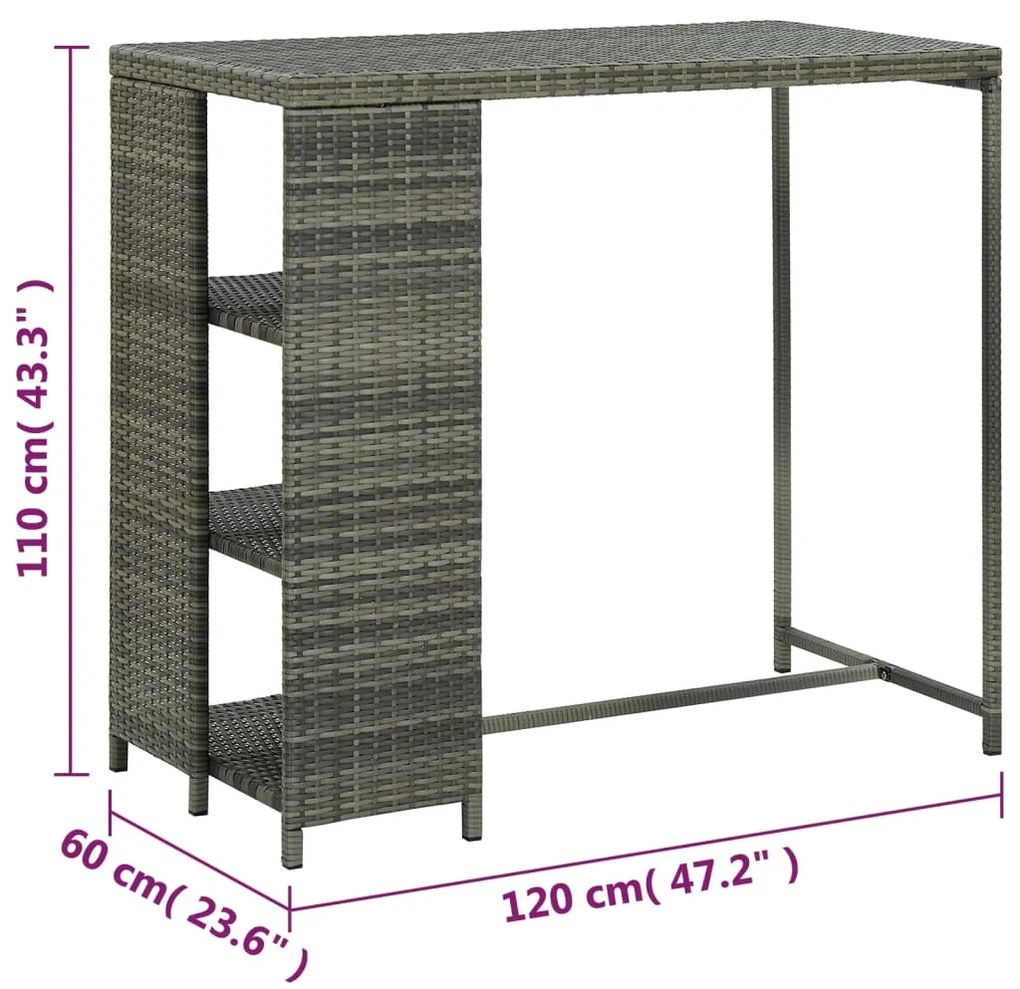 Mesa de bar com prateleiras 120x60x110 cm vime PE cinzento