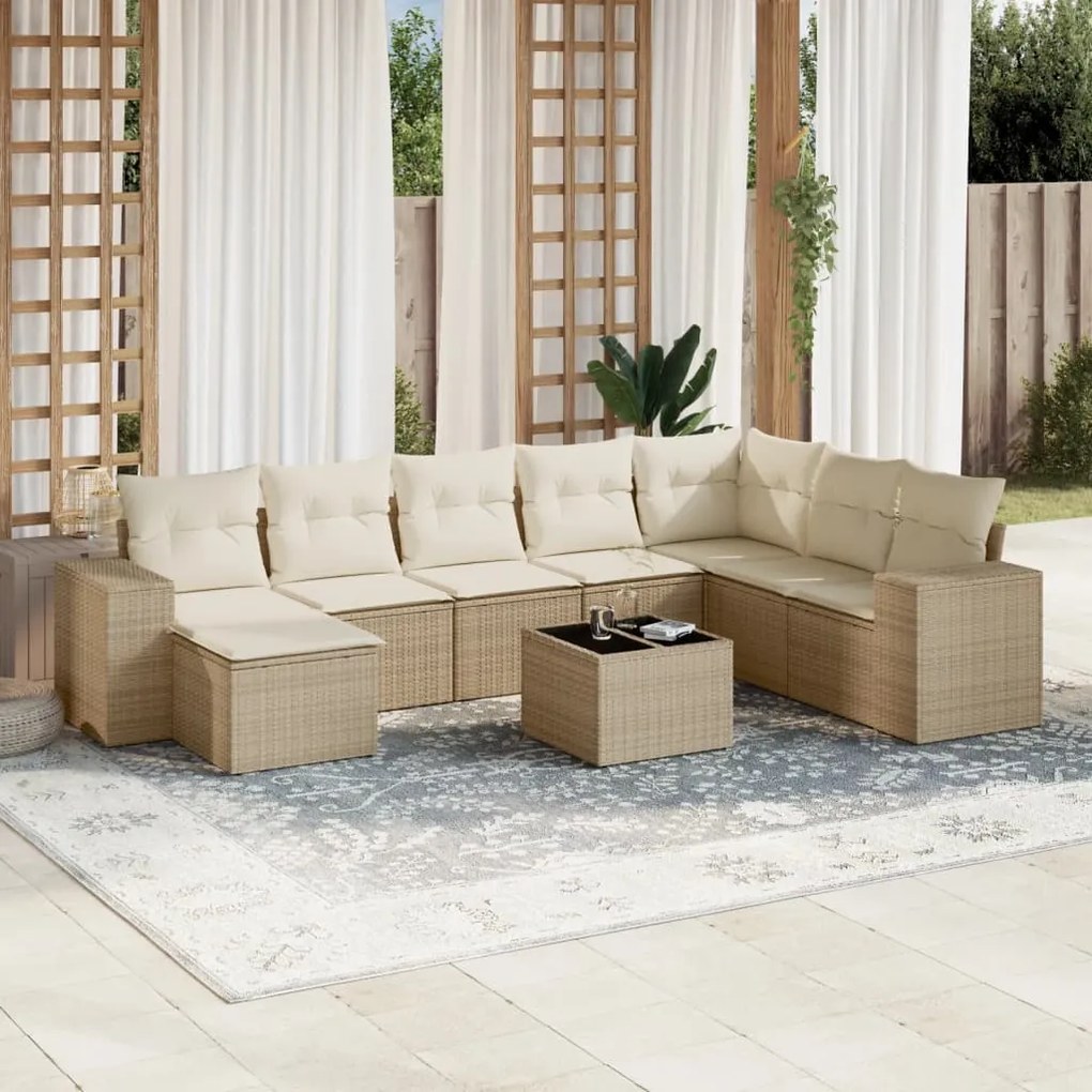 vidaXL 9 pcs conjunto de sofás p/ jardim com almofadões vime PE bege