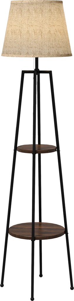 Candeeiro de pé com 2 prateleiras, casquilho E27, 40 W, interruptor de cordão, abajur em tecido, 42 x 42 x 166 cm, preto e castanho