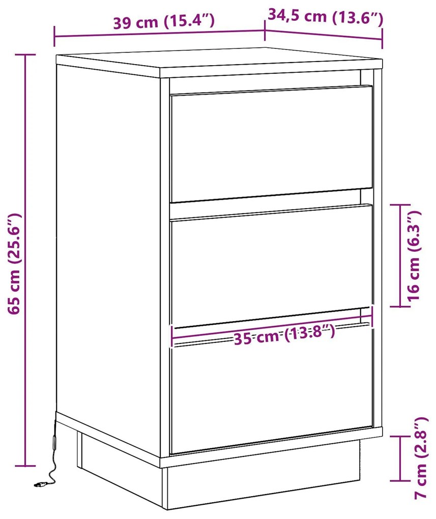 Mesa de Cabeceira com LED Madeira Velha 39x34,5x65 cm Madeira de Engen