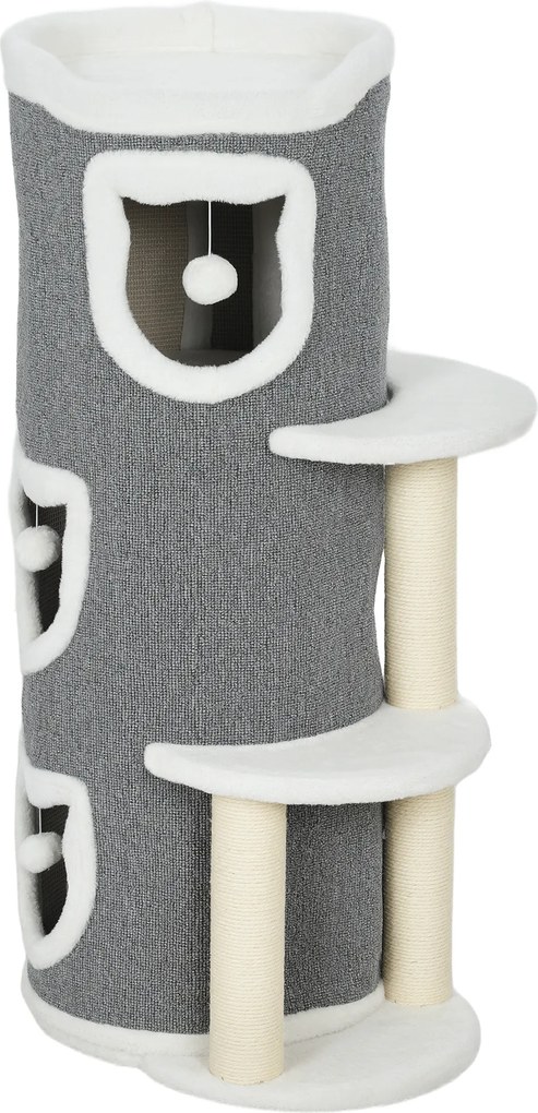 Torre para gatos de 4 níveis, árvore para gatos estável com arranhadores de sisal e borda em pelúcia, 2 plataformas, 50 x 36 x 101 cm, cinzenta