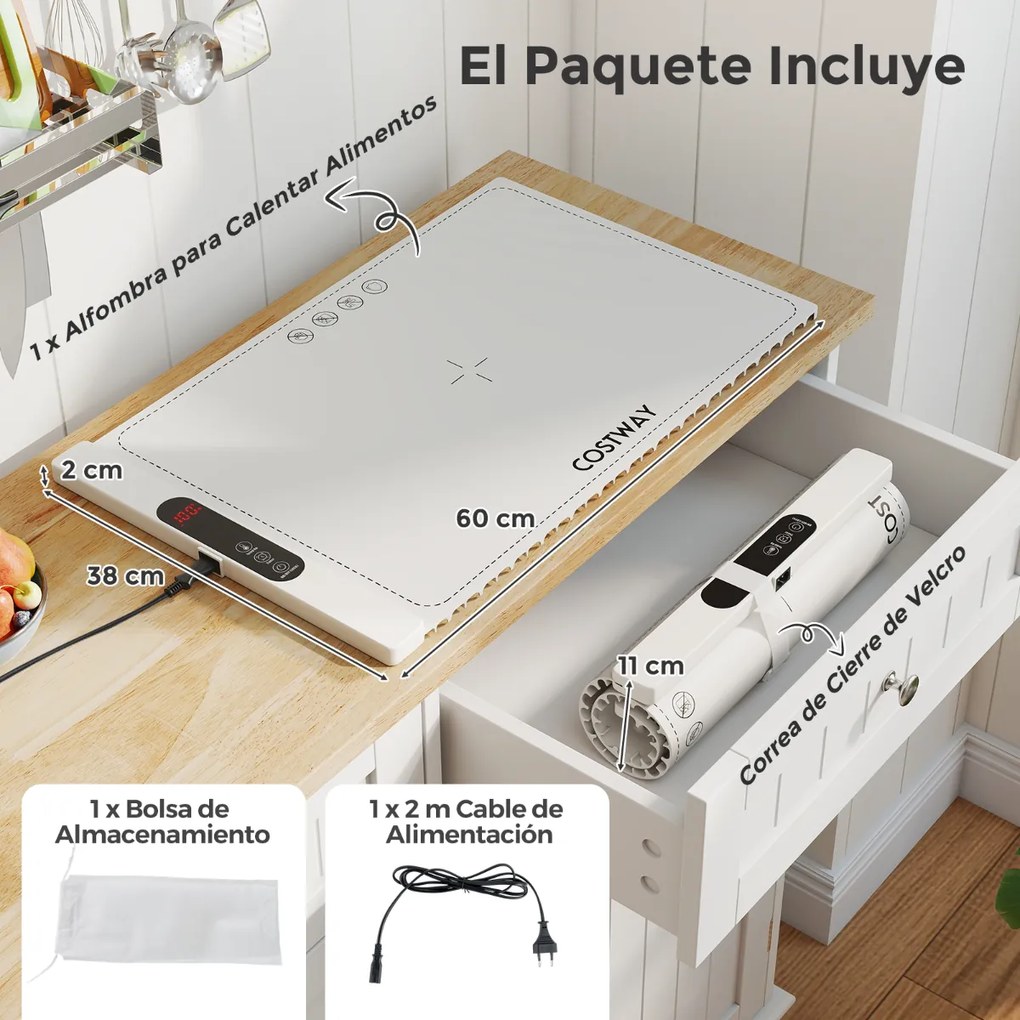 Bandeja elétrica aquecedora 60 x 38 x 2 cm com temperatura ajustável em 6 níveis de silicone com temporizador de 1 a 5 horas Branca