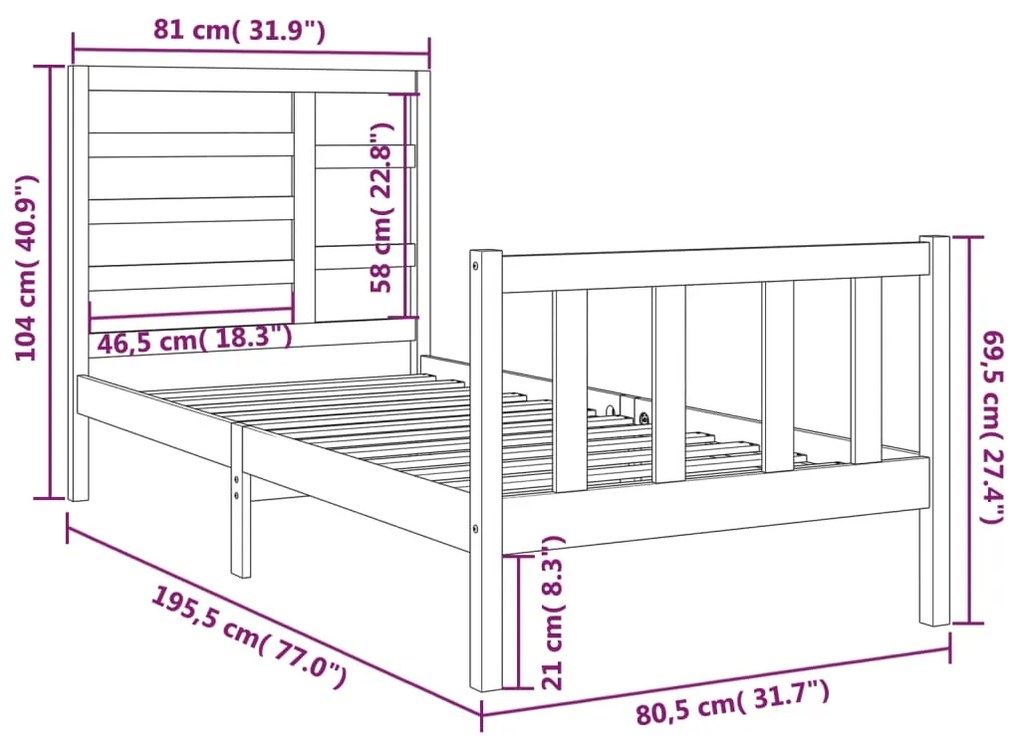 Estrutura de cama pequena solteiro 75x190 cm madeira maciça