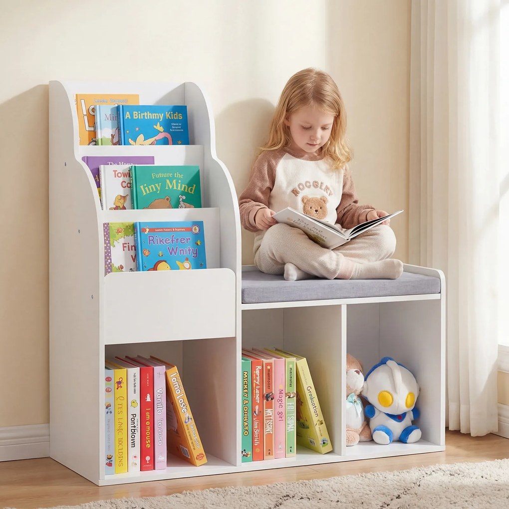 Estante infantil com banco de 3 níveis 80 x 29,5 x 81,5 cm, 3 compartimentos abertos e almofada de assento para quarto ou sala de jogos - Branco