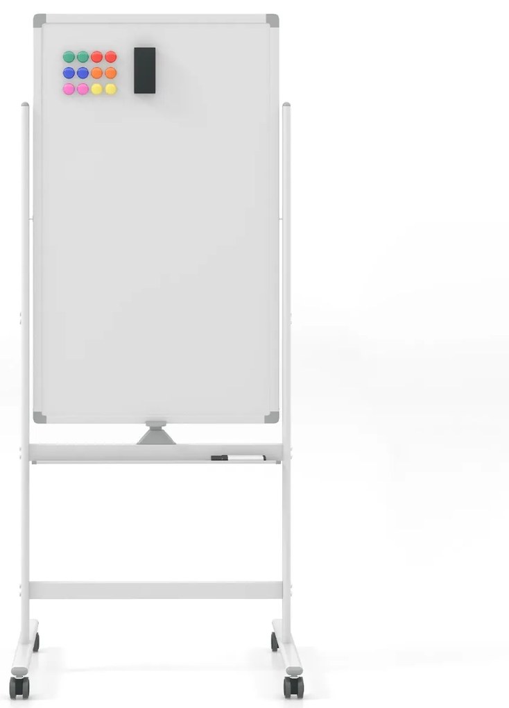 Quadro branco magnético móvel 60 x 100 de dupla face com suporte sobre rodas Altura ajustável para escritório Escola Branco