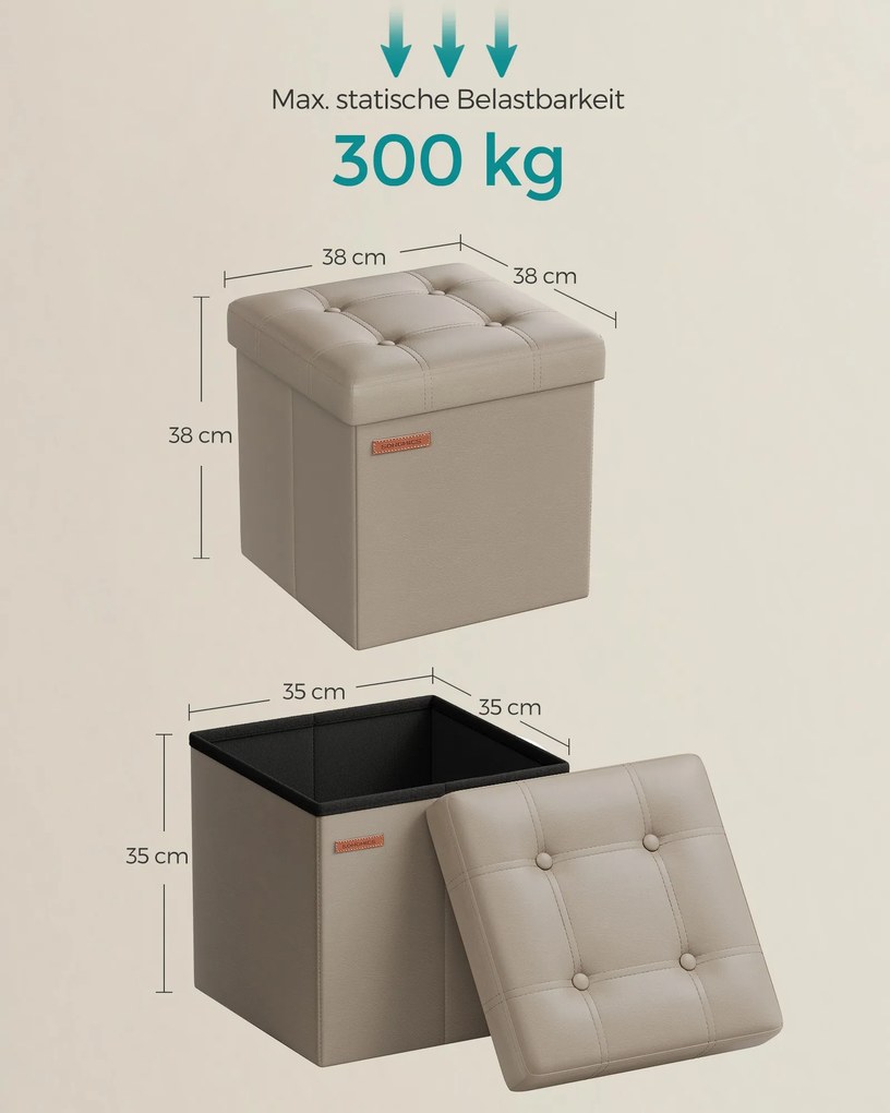 Banco quadrado arrumação 38 x 38 x 38 cm, em couro sintético, dobrável castanho claro