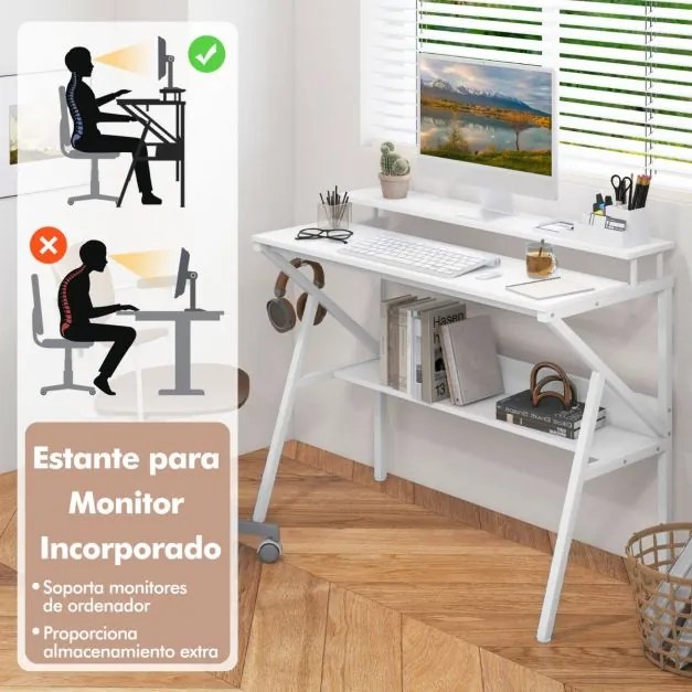 Secretária pequena com suporte para monitor, gancho suspenso e prateleira adicional 100 x 48 x 81,5 cm Branca