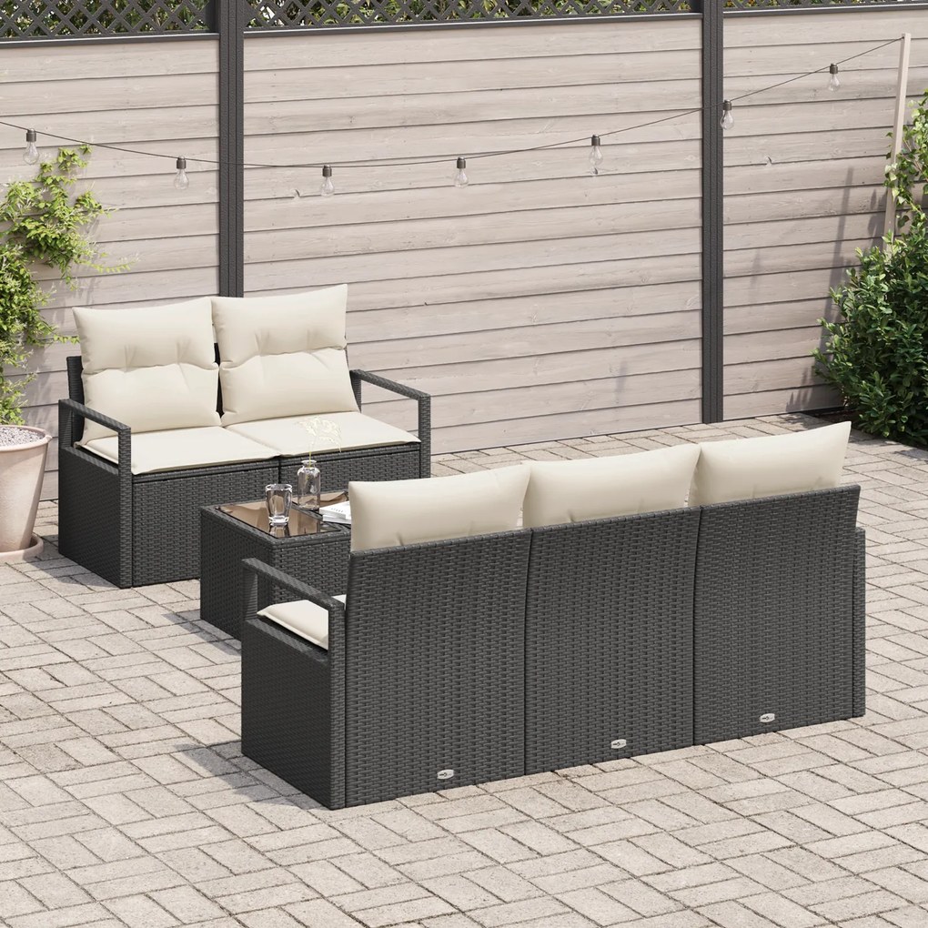 Conjunto de Sofás de Jardim de 6 Peças com Almofadas Preto Polirattan,