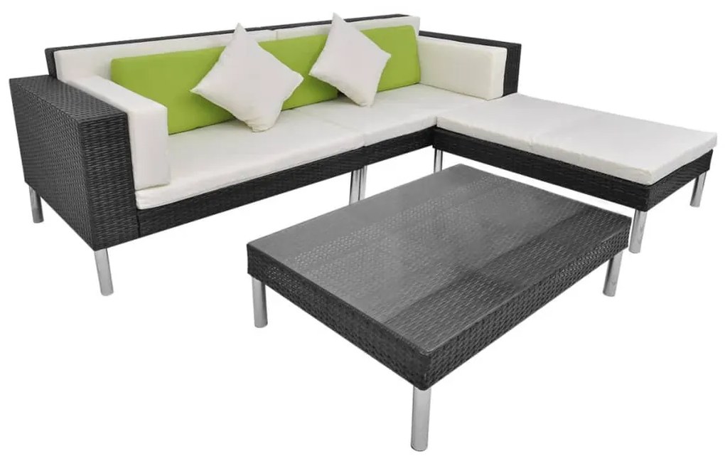 4 pcs conjunto lounge de jardim c/ almofadões vime PE preto