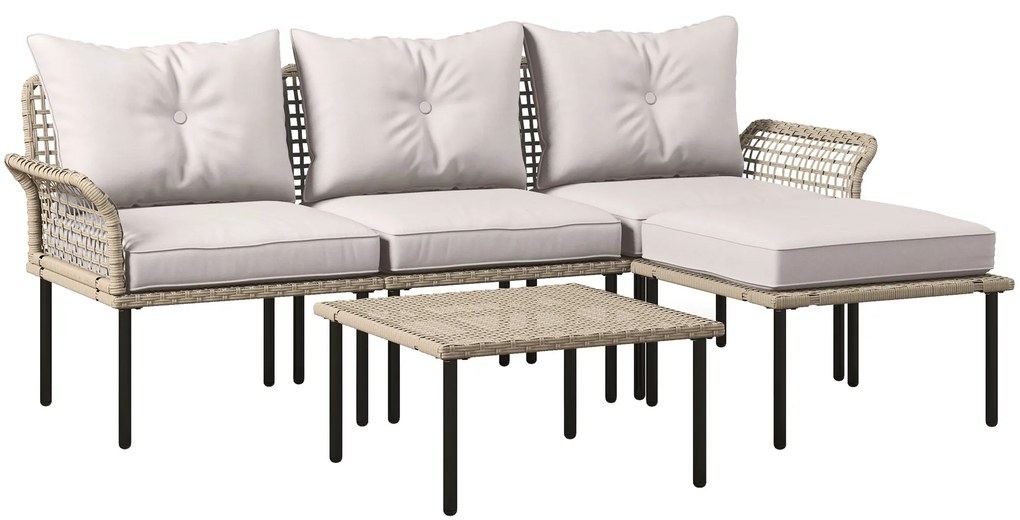Conjunto de Jardim em Vime Sintético Conjunto de Móveis de Exterior com Sofá de 4 Módulos 1 Mesa de Centro e Almofadas Creme