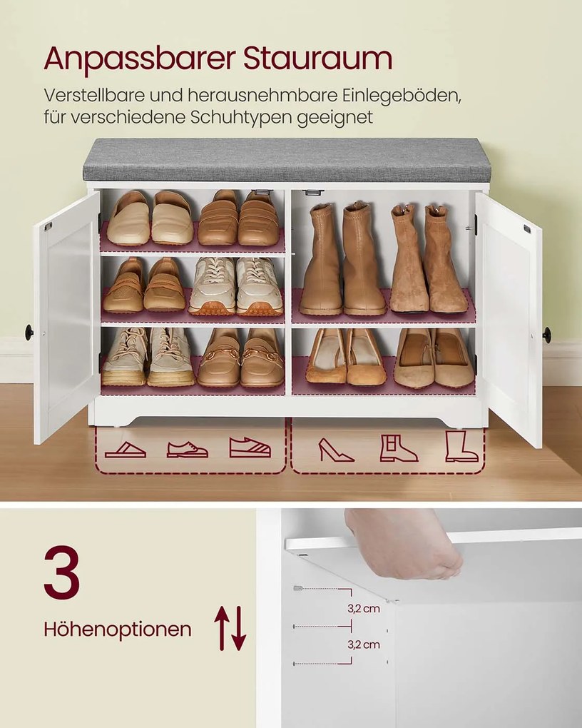 Banco para sapatos com espaço de arrumação 35,5 x 81 x 52,5 cm, portas, almofadas de assento e prateleiras ajustáveis Branco - Cinzento