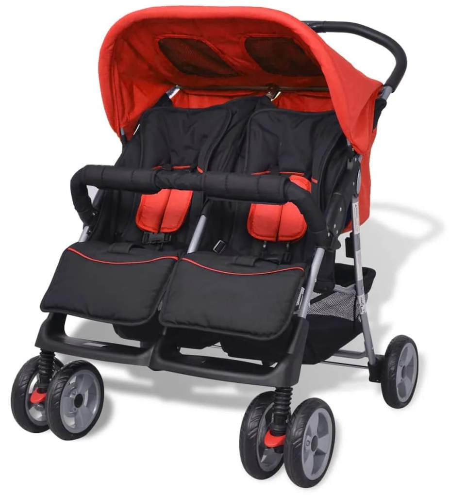 Carrinho de bebé para gémeos, aço vermelho e preto