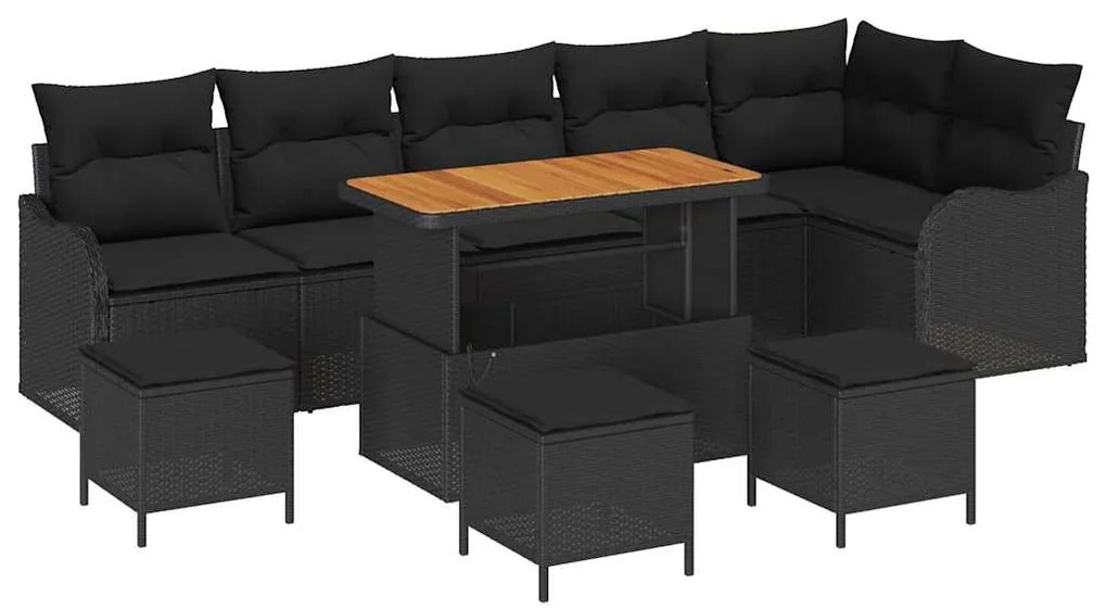 Conjunto de Sofá de Jardim de 10 Peças com Almofadas Rattan Preto Poli