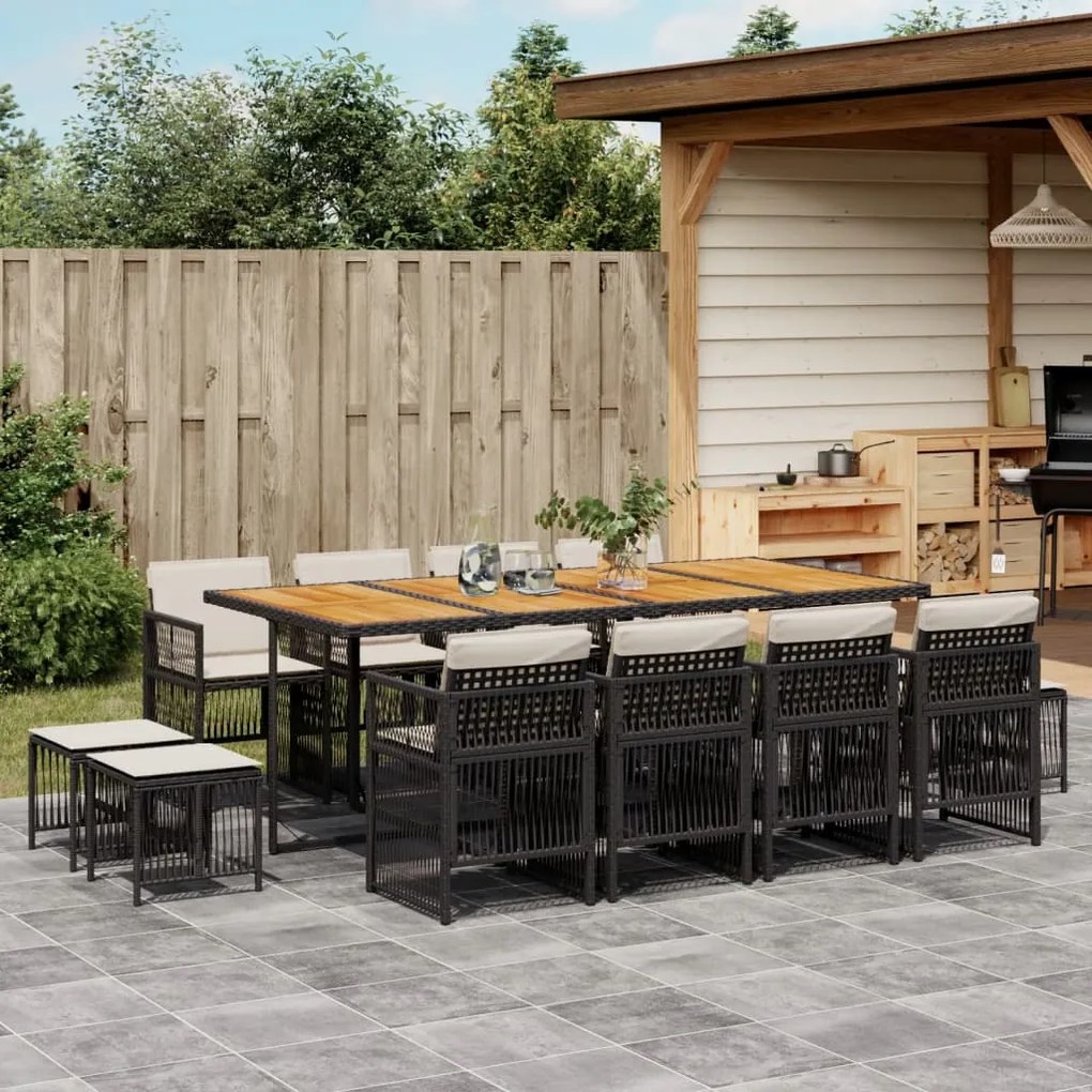 vidaXL 13 pcs conjunto de jantar p/jardim com almofadões vime PE preto