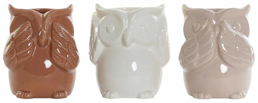 Vaso DKD Home Decor Porcelana Bege Coruja Castanho Branco (9 x 8.5 x 12.2 cm) (3 pcs)